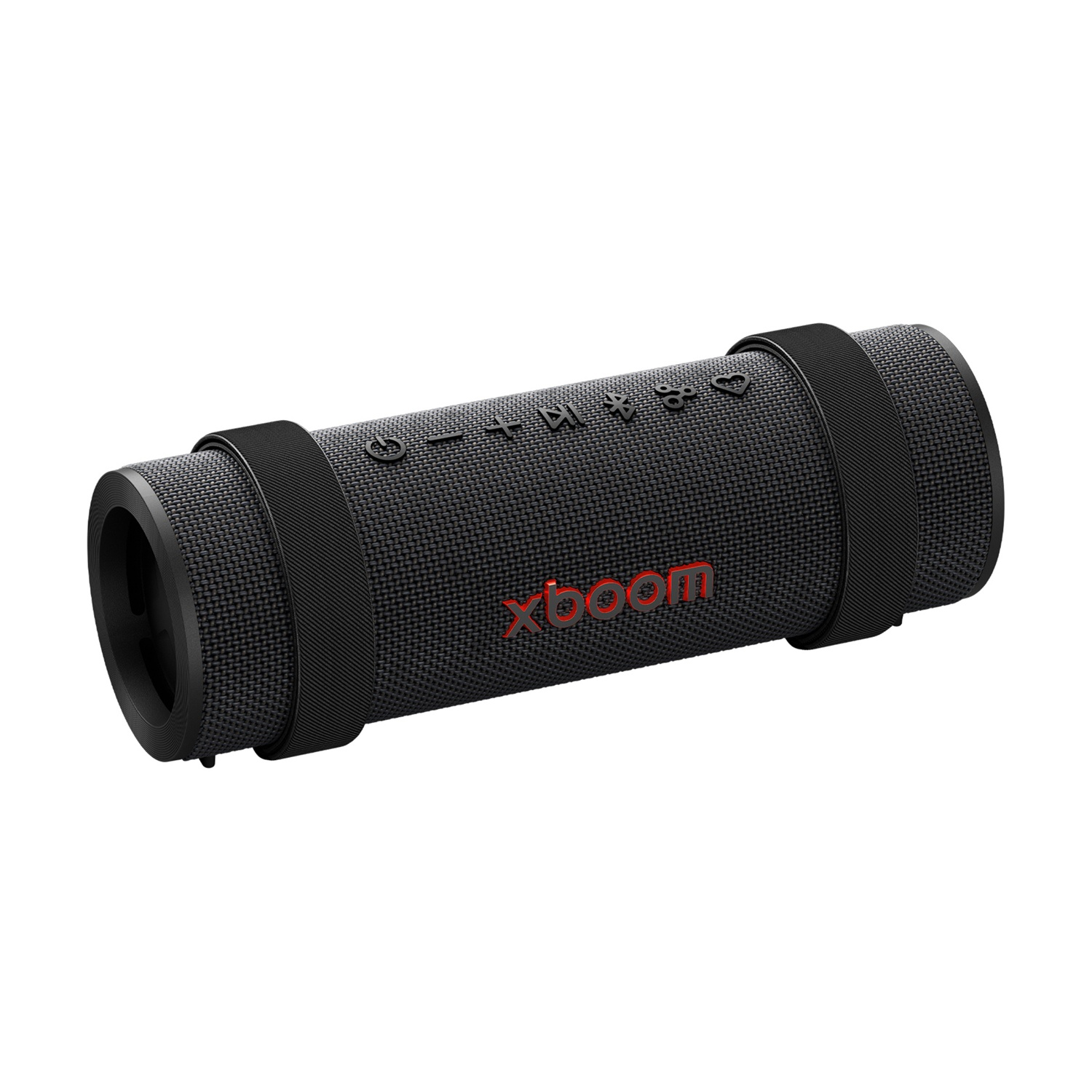 Un altoparlante cilindrico nero con pulsanti di controllo. Ha due cinghie nere. Il marchio 'Xboom' è scritto in rosso.