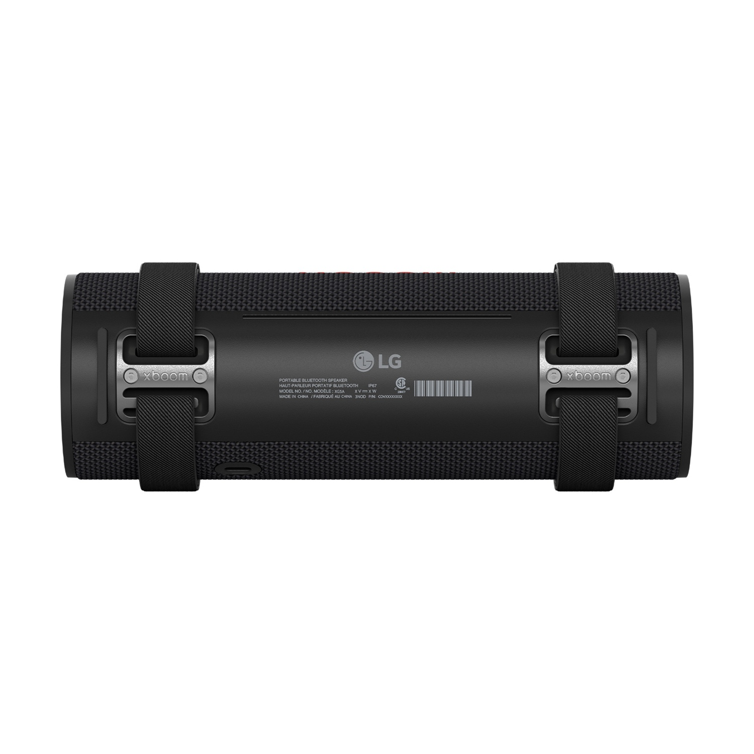 Altoparlante portatile LG XBOOM nero con cinghie. I dettagli includono loghi, testo e codice a barre su sfondo bianco.