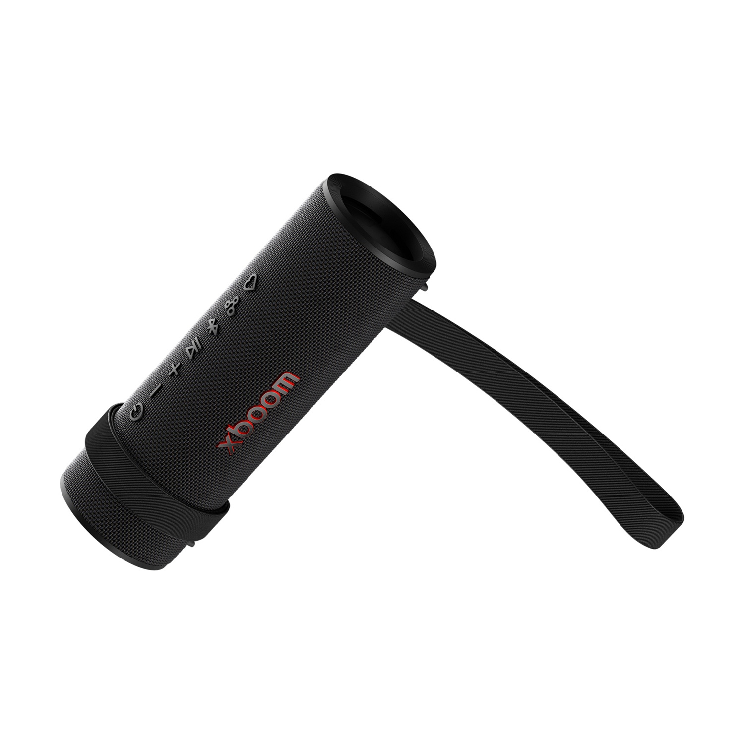 Un altoparlante Xboom cilindrico nero con una cinghia. Ha pulsanti di controllo e il logo Xboom in rosso.