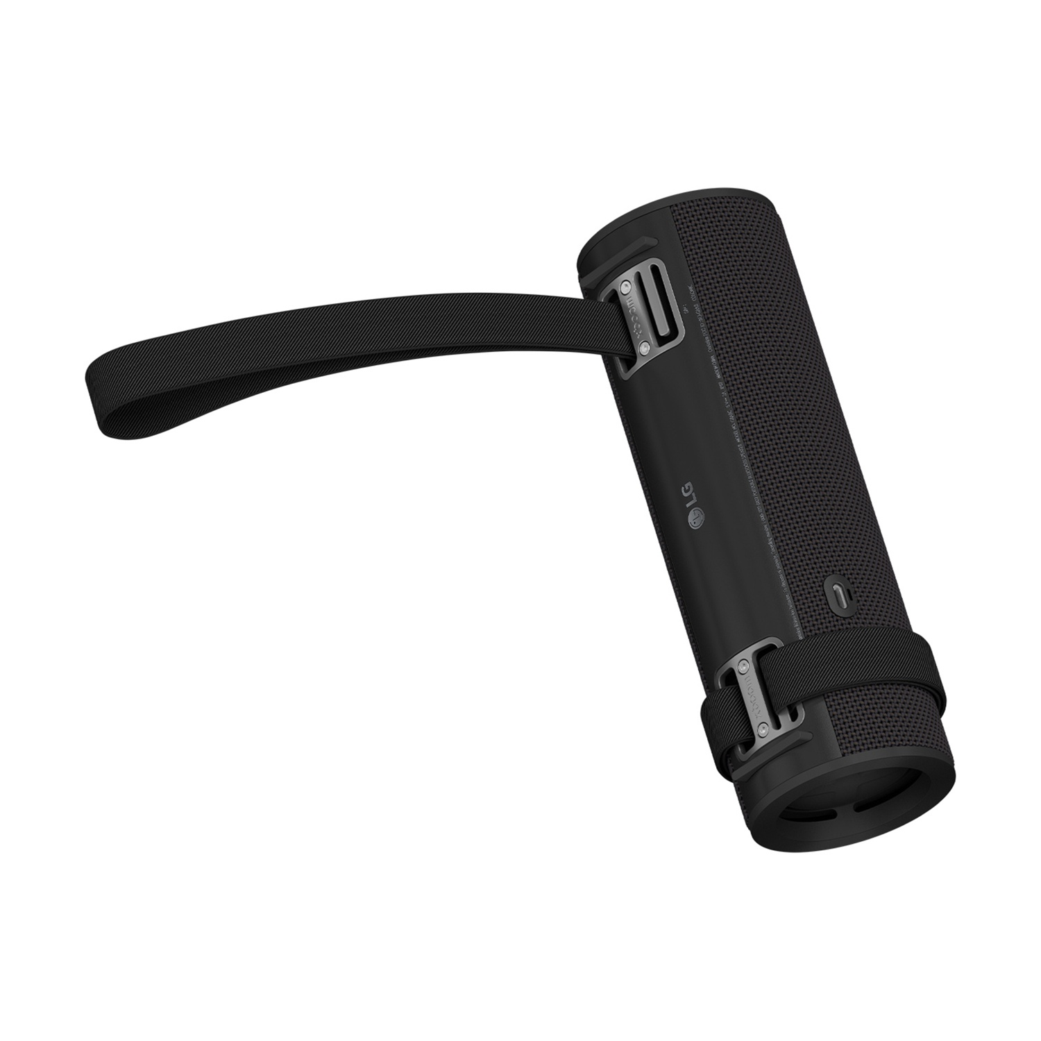 Un altoparlante portatile LG nero con una cinghia. L'altoparlante è cilindrico con una cinghia nera. Lo sfondo è bianco.