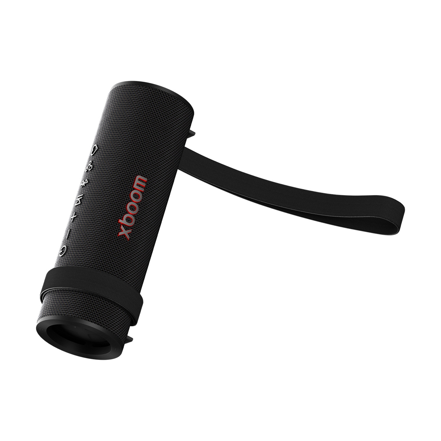 Altoparlante cilindrico nero con cinturino nero. L'altoparlante ha la scritta rossa 'xboom'. Lo sfondo è bianco.