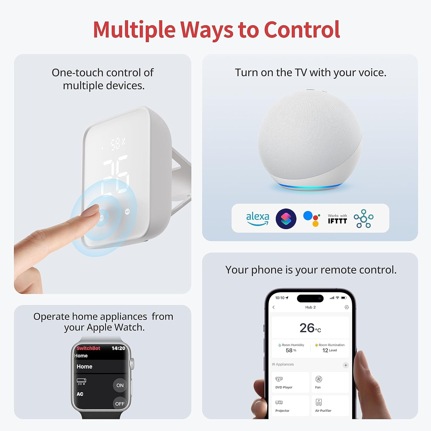 L'immagine mostra i modi per controllare i dispositivi: tocco, voce, Apple Watch e telefono. Mostra dispositivi domestici intelligenti e i loro controlli.