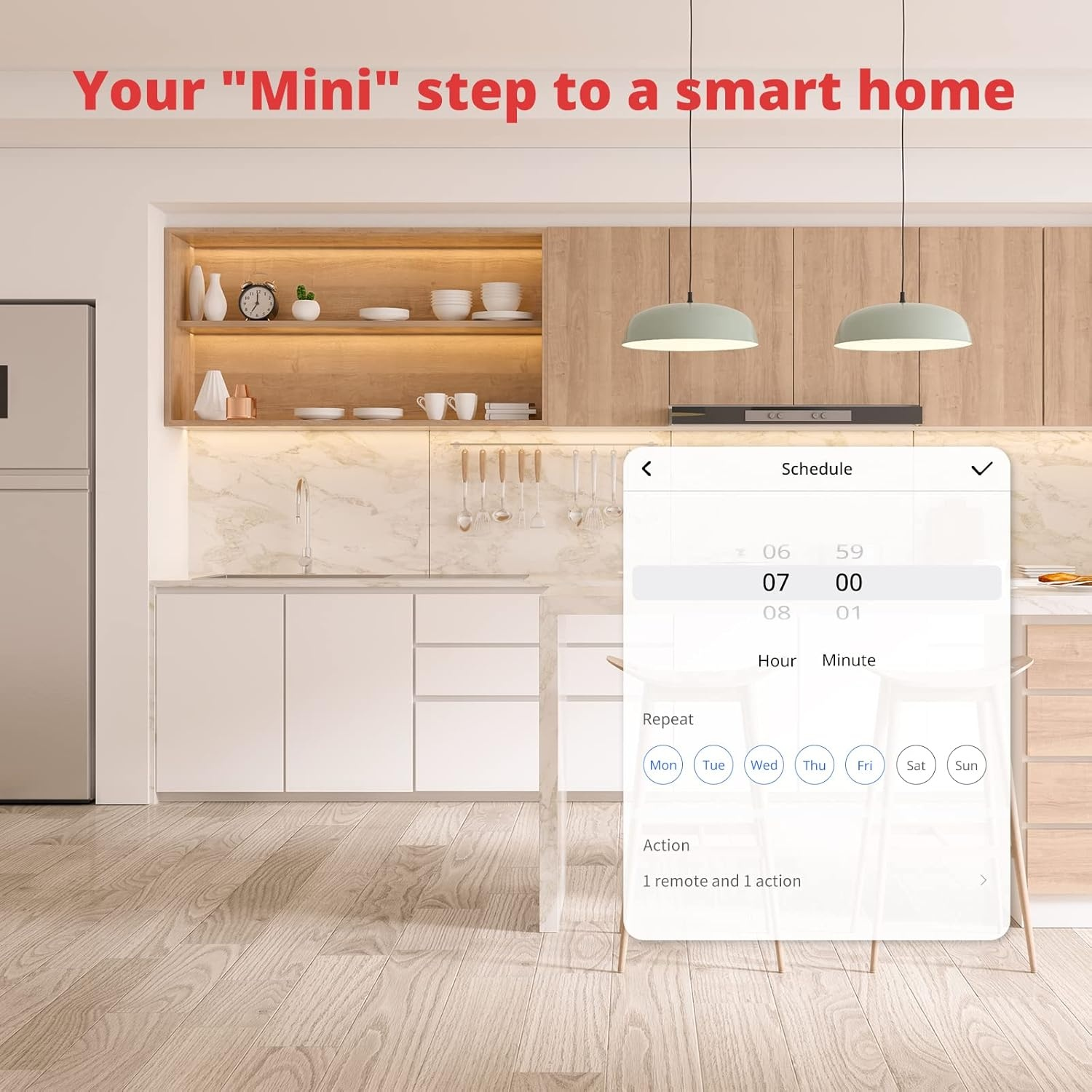 Interno cucina con interfaccia smart home su tablet. Visibili mobili, luci ed elettrodomestici, insieme a pavimento in legno.