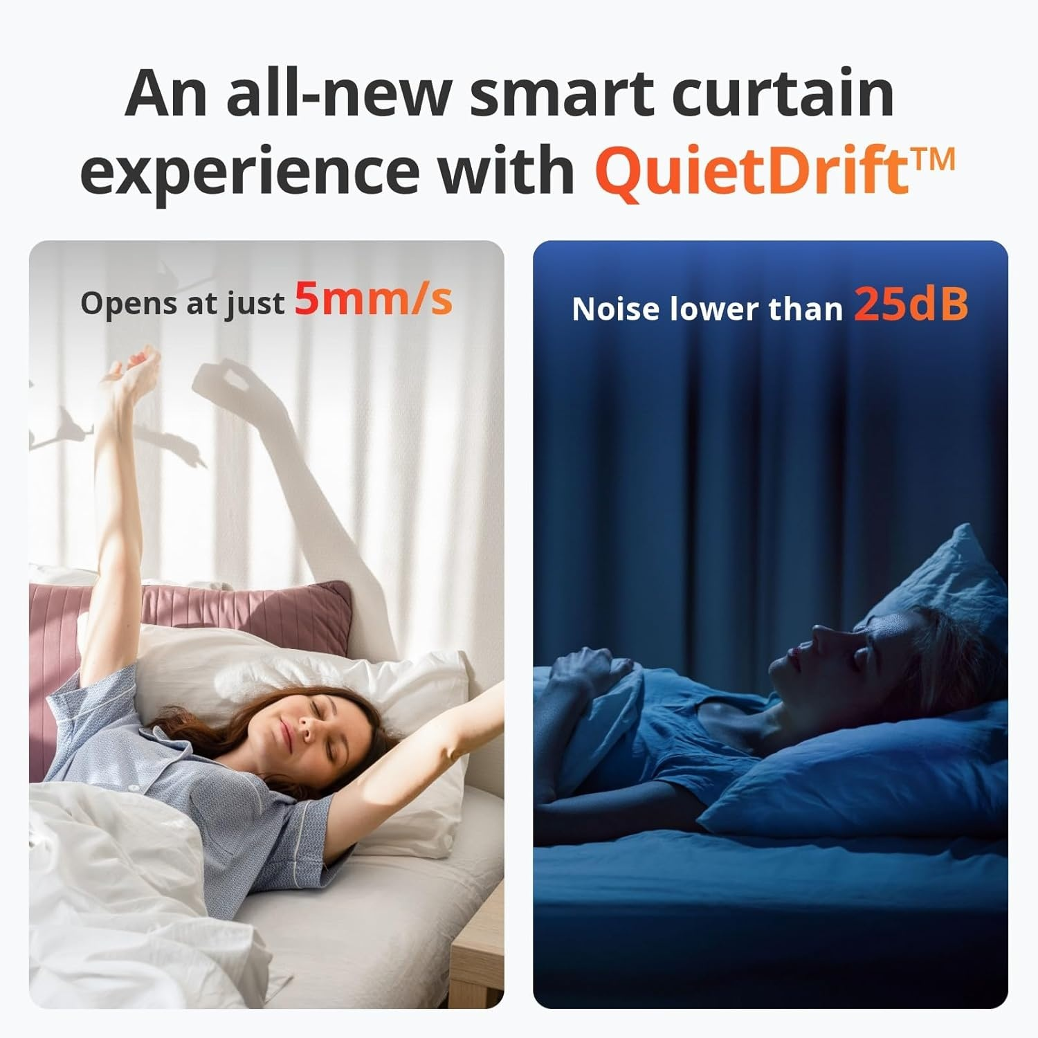 L'immagine mostra una donna che si sveglia a letto e una persona che dorme. Testo: tenda intelligente, si apre a 5 mm/s, rumore inferiore a 25 dB.