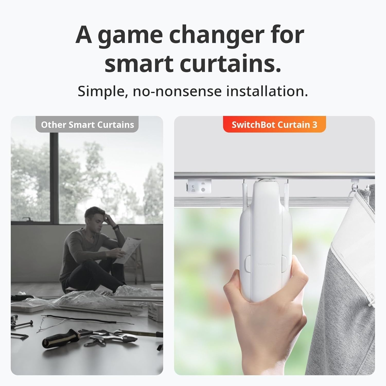 L'immagine mostra un confronto dell'installazione di tende intelligenti. A sinistra: un uomo frustrato dalle istruzioni. A destra: SwitchBot Curtain 3.