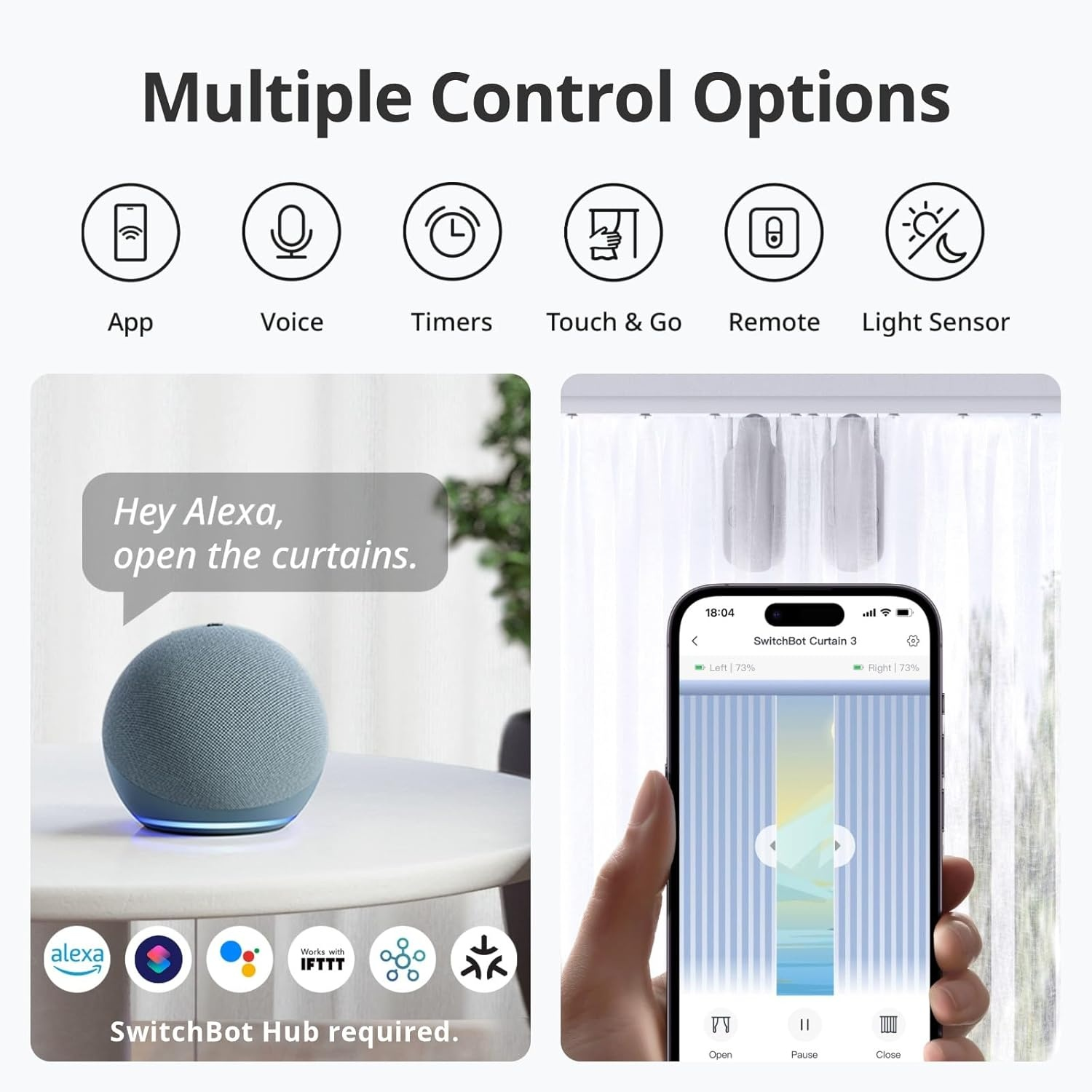 L'immagine mostra le opzioni di controllo per le tende: App, Voce, Timer, Tocca & Vai, Telecomando, Sensore luce. Mostra Alexa e un'app.