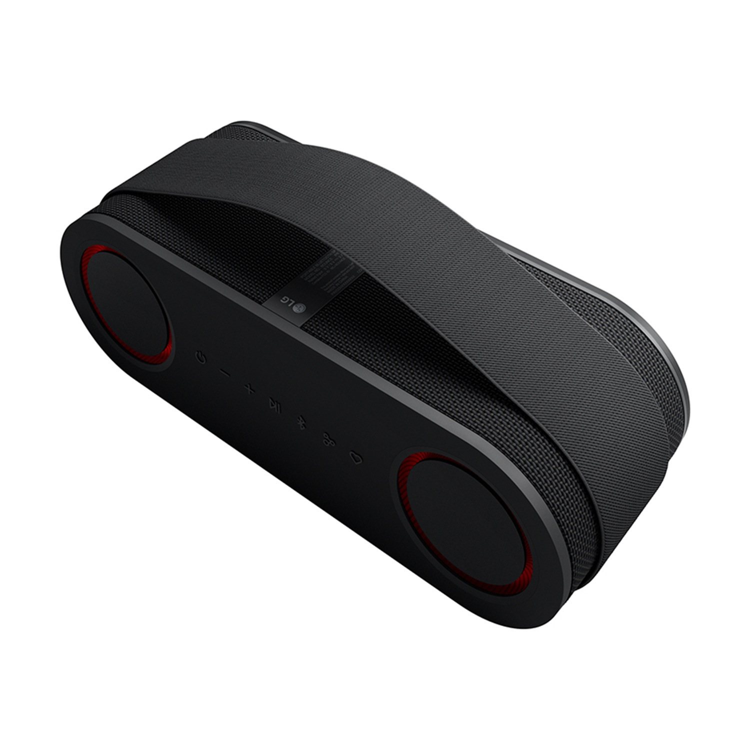 Altoparlante portatile LG nero con una cinghia nera sulla parte superiore. Ha cerchi rossi alle estremità e pulsanti di controllo sul davanti.