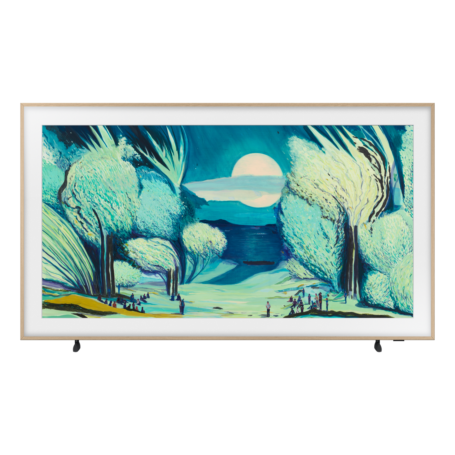 A painting of a landscape with trees, a full moon, and people. The colors are blues, greens, and yellows. The painting is in a wooden frame.