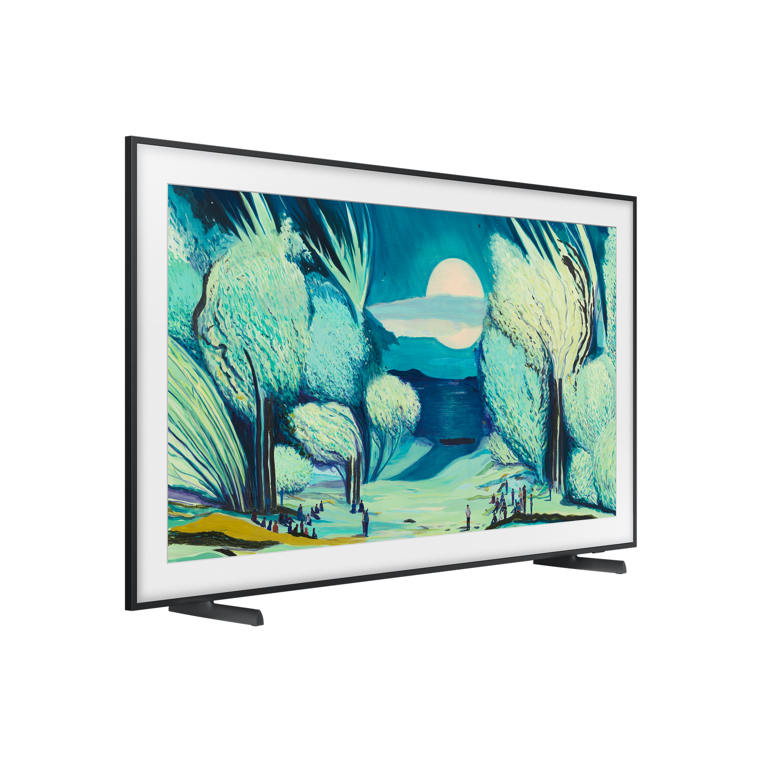 A TV displays a landscape painting. Trees and a moon are visible. People are standing near the trees. The TV is black and has two legs.