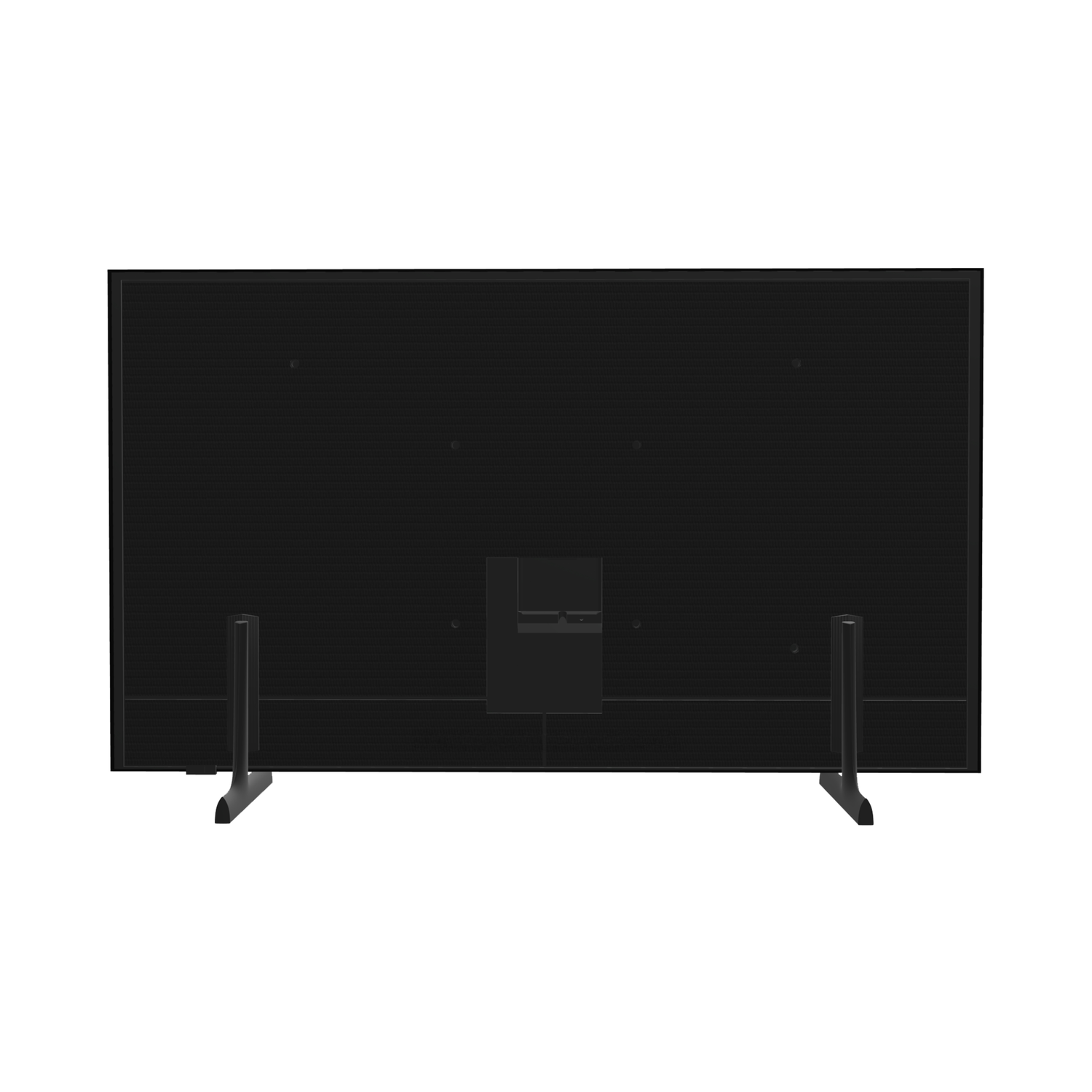 The rear of a black TV with two legs. There are connection ports and mounting points on the back.