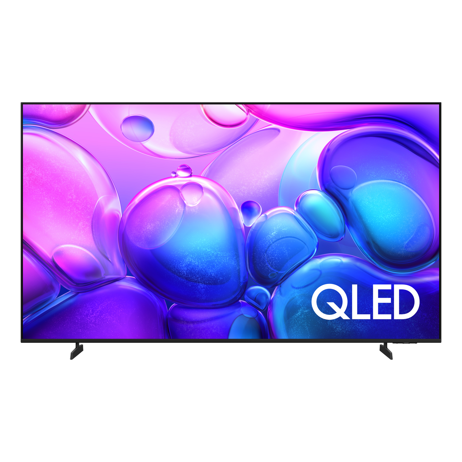 Een QLED-tv toont een kleurrijke abstracte achtergrond van paarse en blauwe bellen. De tv wordt ondersteund door twee zwarte standaarden.