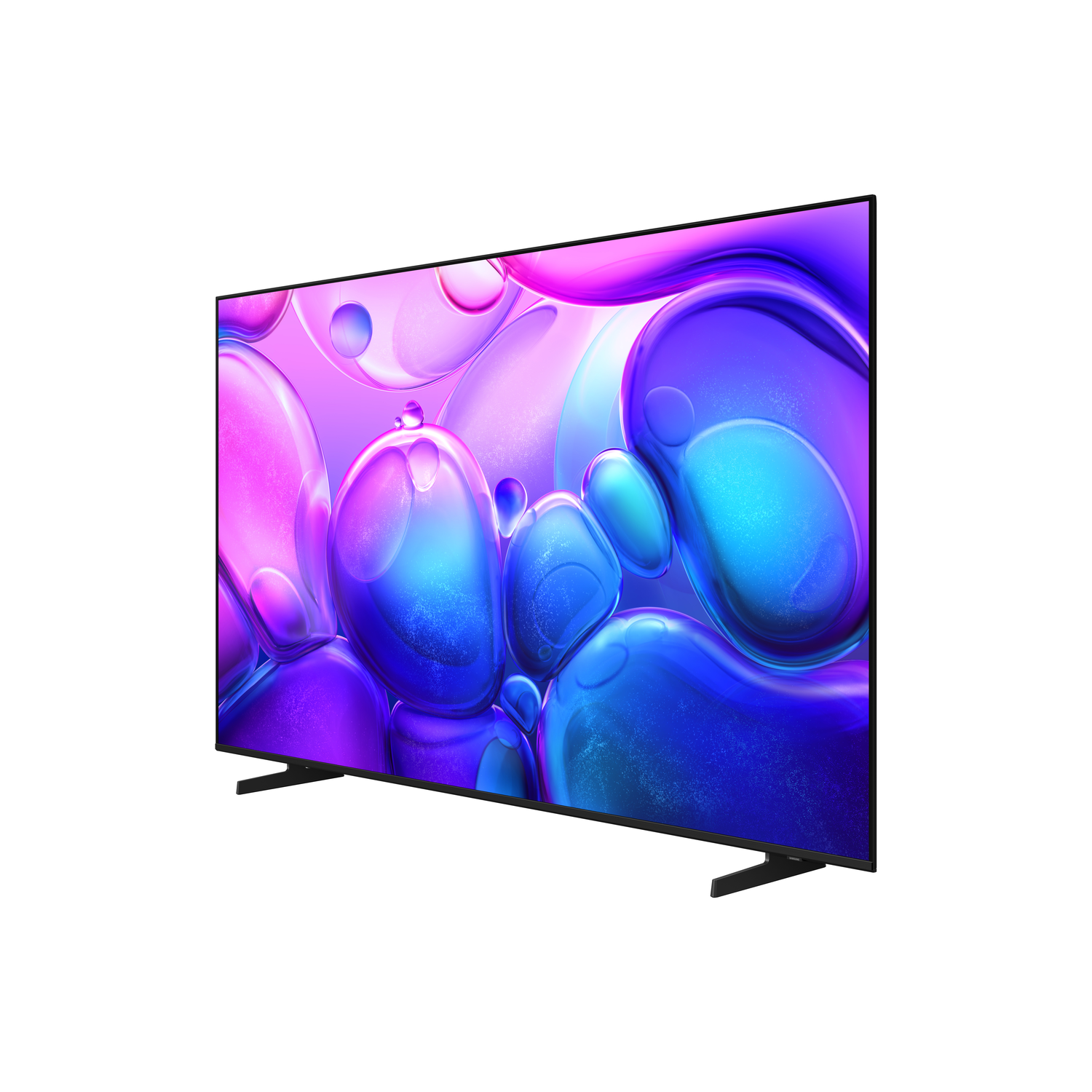 Een flatscreen-tv toont een kleurrijke, abstracte afbeelding van bollen in tinten paars, blauw en roze. De tv staat op een witte achtergrond.