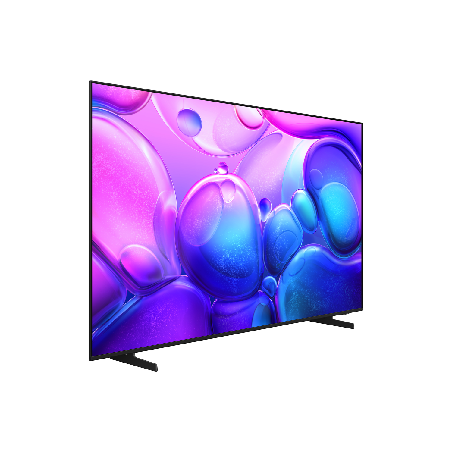 Een moderne tv toont een levendig, abstract patroon van paarse, blauwe en roze bellen. Hij staat op een witte achtergrond met zwarte poten.