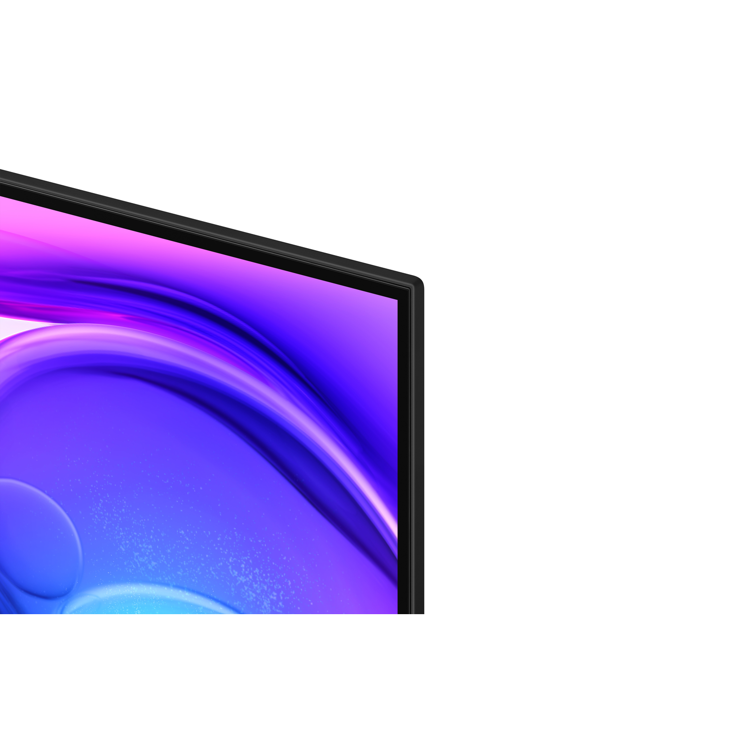 Close-up van een monitor met een abstract paars en blauw ontwerp. Het scherm heeft een zwarte rand op een witte achtergrond.