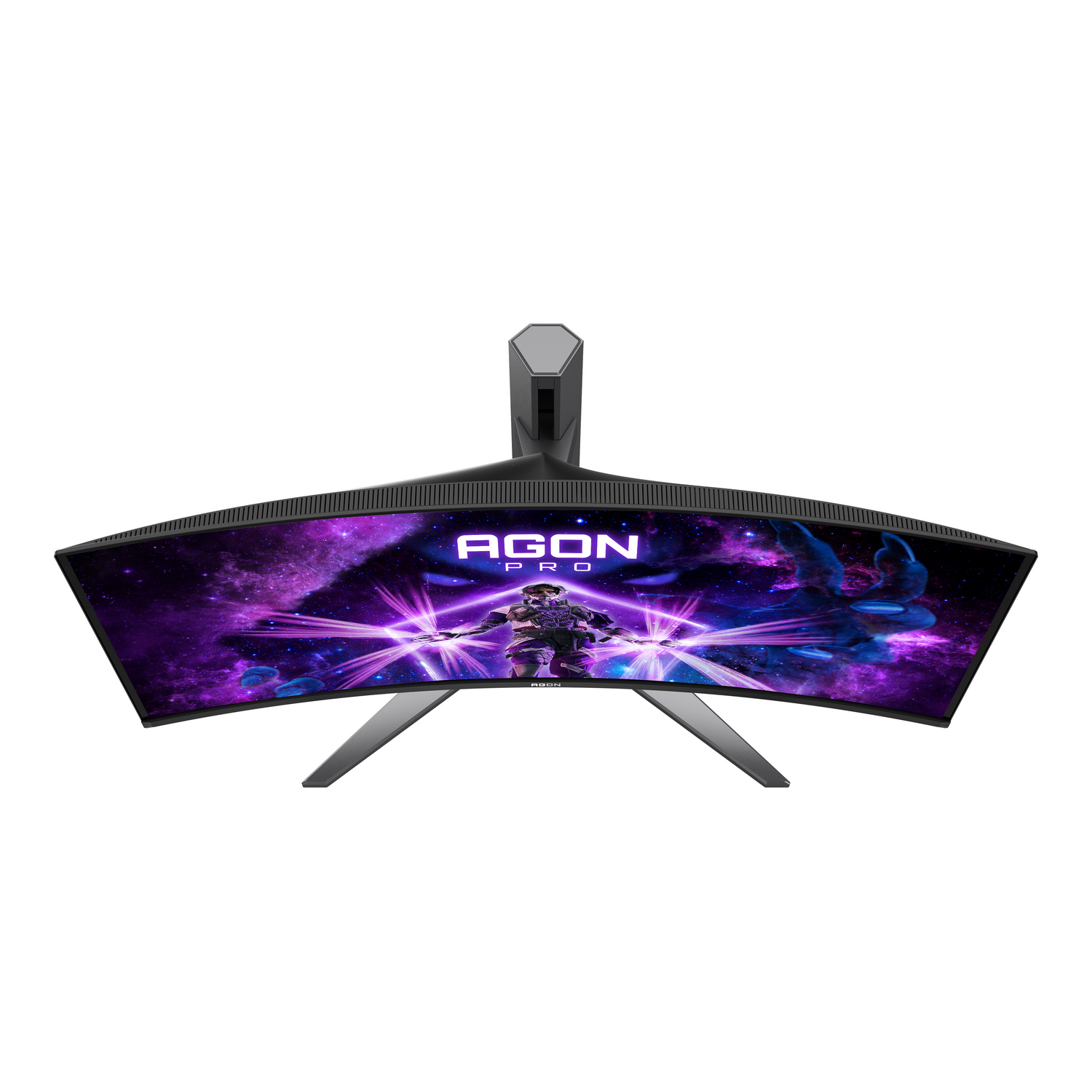 Monitor curvo con una pantalla temática espacial. La pantalla está soportada por un soporte. La marca es visible.