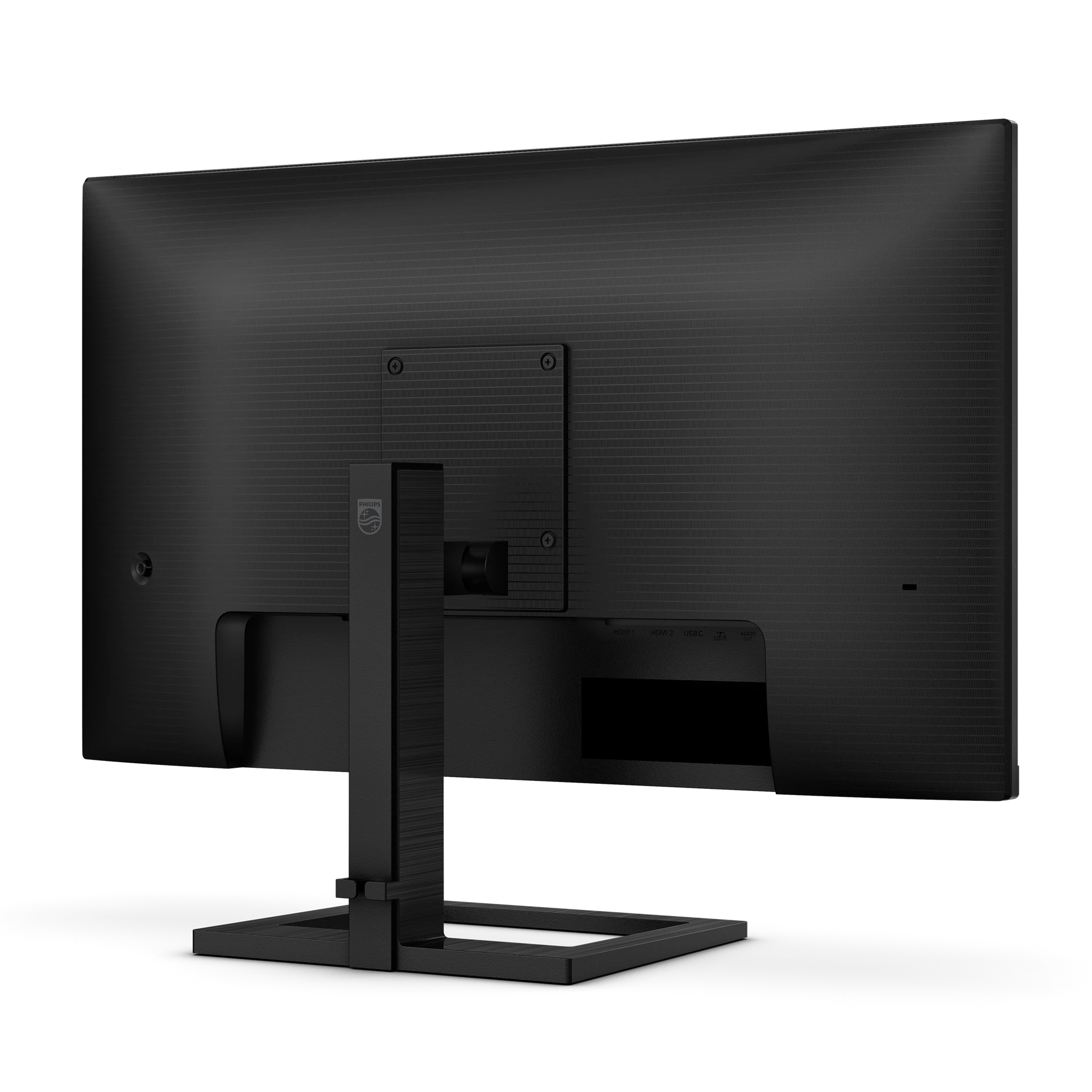 Parte trasera de un monitor Philips negro. Tiene un soporte, puertos y el logotipo de Philips. La superficie tiene líneas texturizadas.