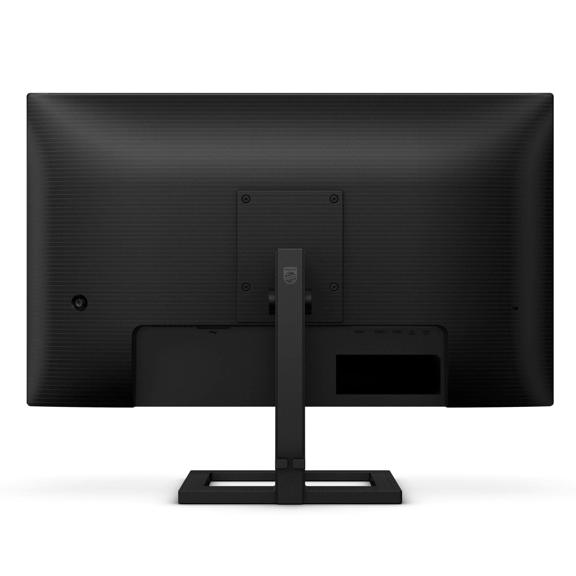 La parte trasera de un monitor Philips negro. Tiene un soporte, puertos y orificios de montaje.