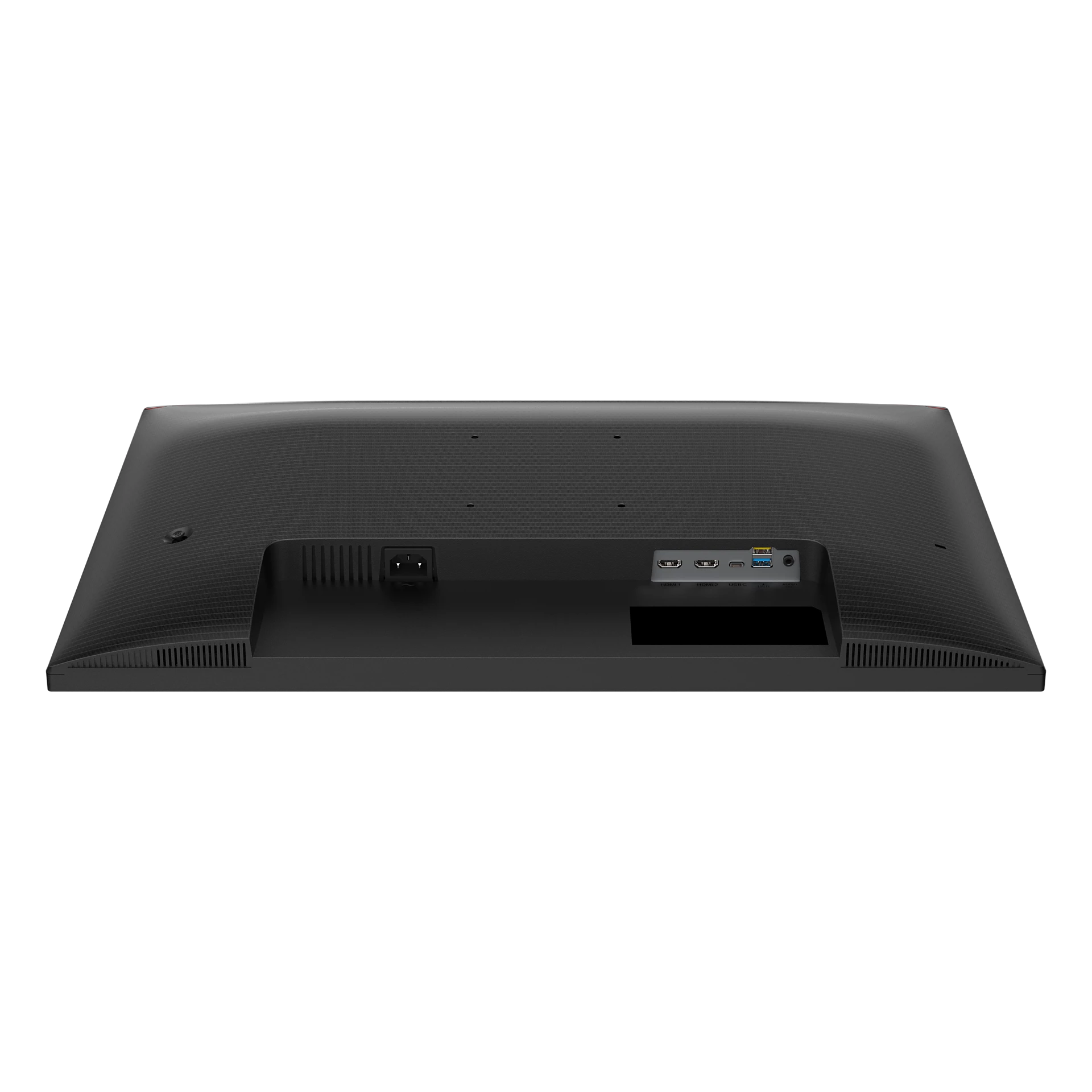 Vista trasera de un monitor negro con conexiones de alimentación y puertos. El monitor está sobre un fondo blanco.