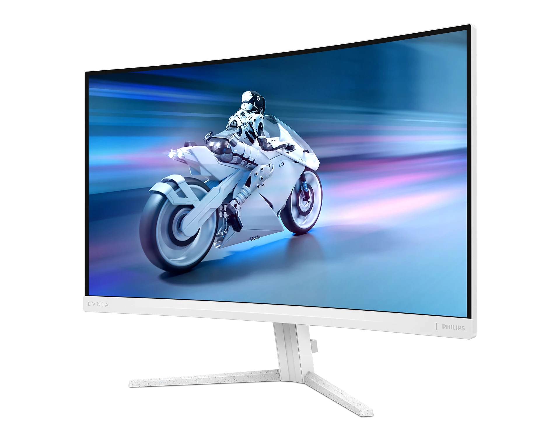 El monitor blanco muestra una motocicleta futurista con un piloto. El monitor tiene un marco y soporte blancos, sobre un fondo blanco.