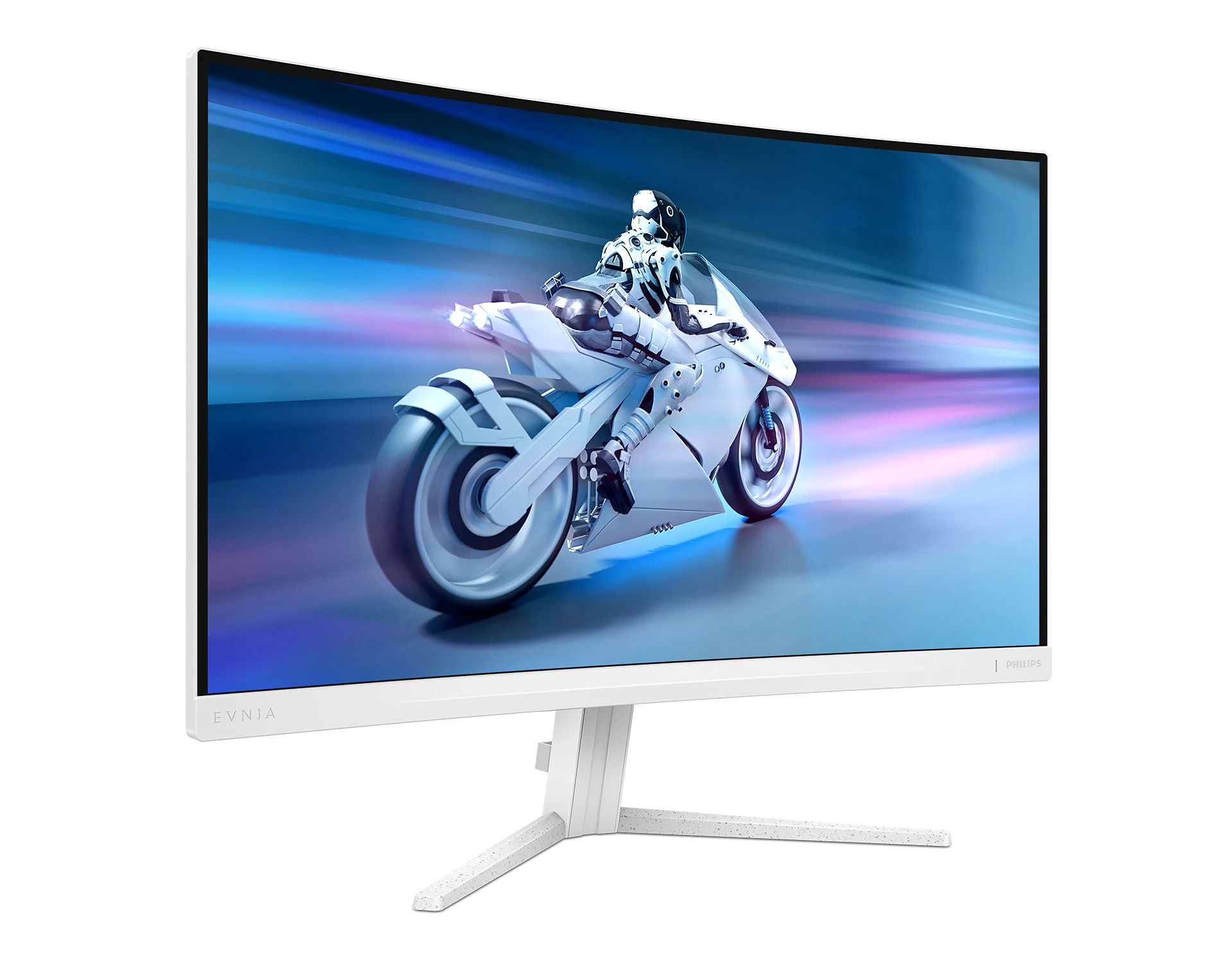 El monitor blanco muestra una moto futurista con un piloto sobre un fondo borroso azul y blanco. El monitor tiene un soporte blanco.