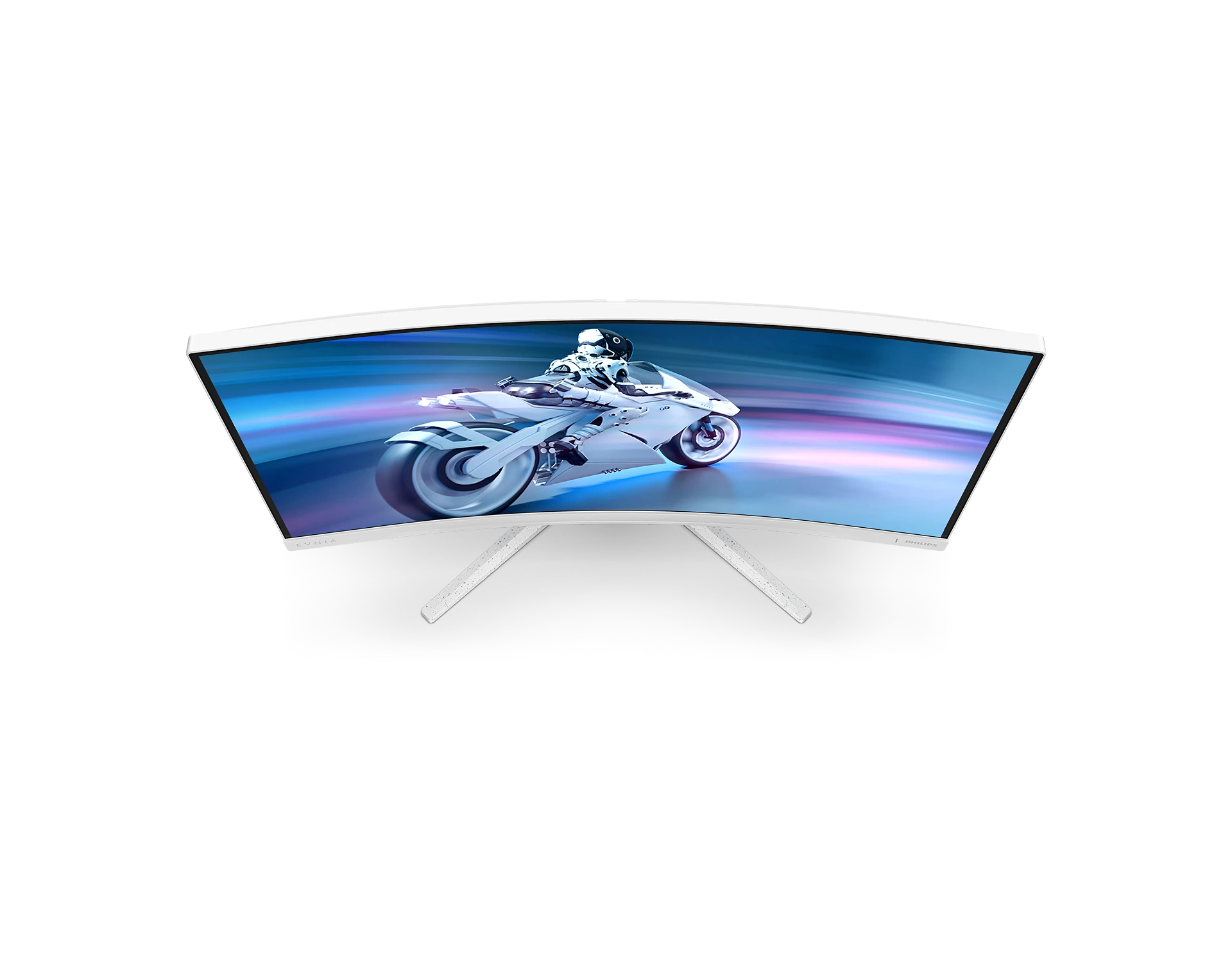 El monitor curvo muestra una escena de carreras de motos futurista. El monitor tiene marco y patas blancos. Fondo negro.