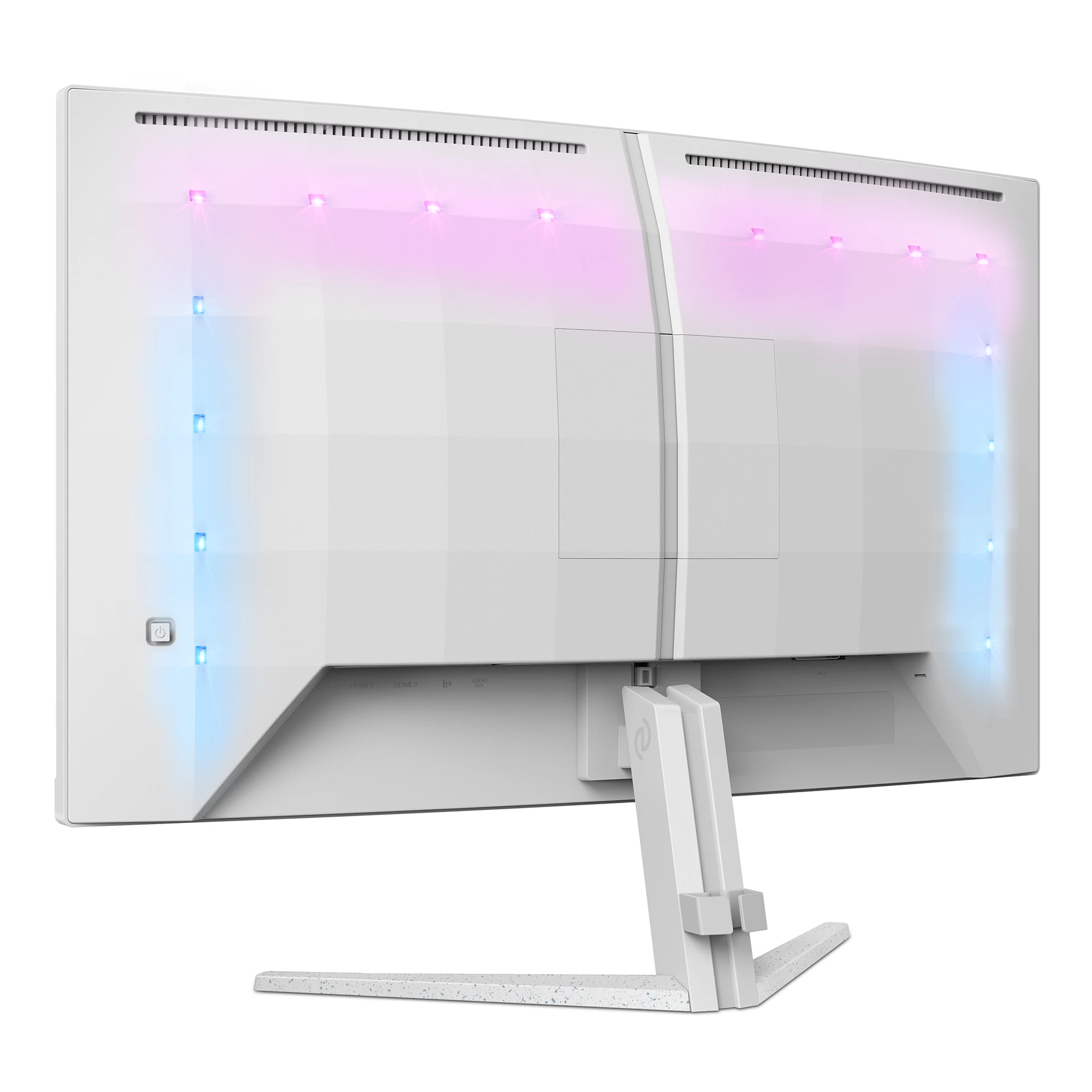 Parte trasera de monitor blanco con luces RGB. Tiene soporte y puertos.