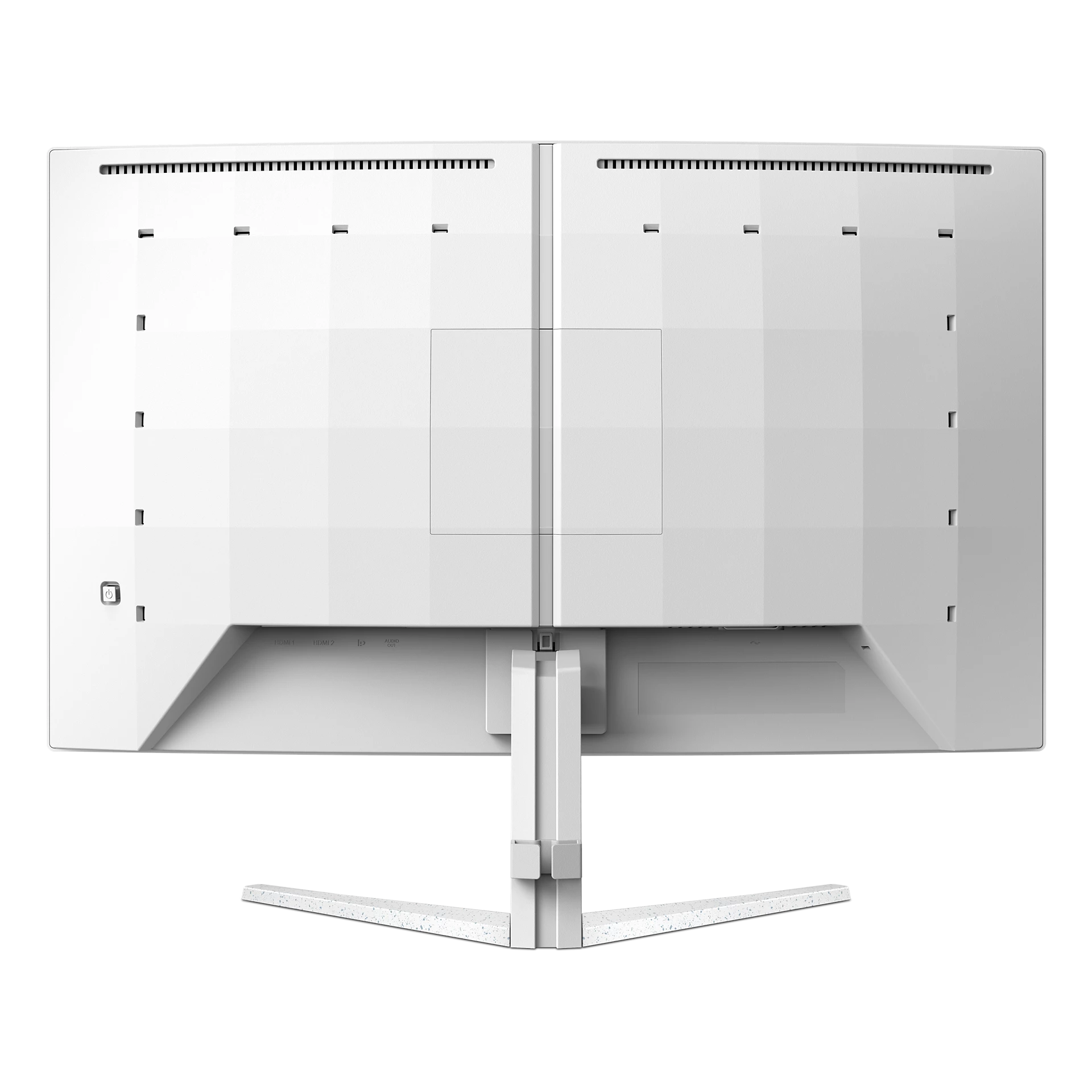 Vista trasera de un monitor de computadora blanco con soporte. Tiene forma rectangular y diseño limpio, los conectores son visibles.