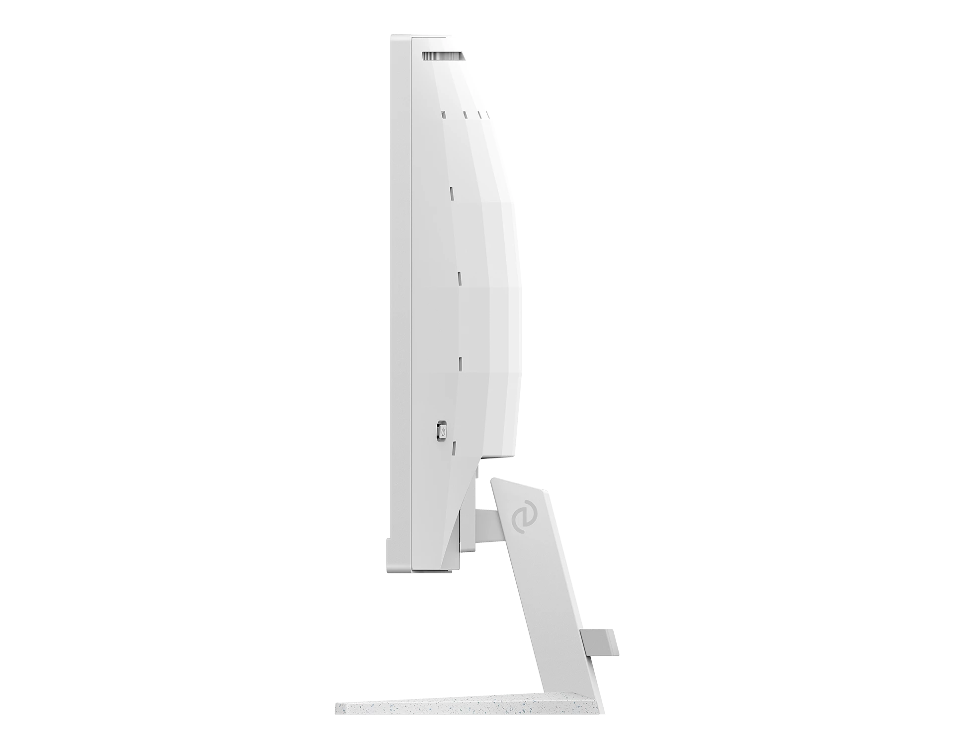 Un monitor de computadora blanco, vista lateral, con un diseño geométrico. Se encuentra sobre un soporte blanco sobre un fondo blanco.