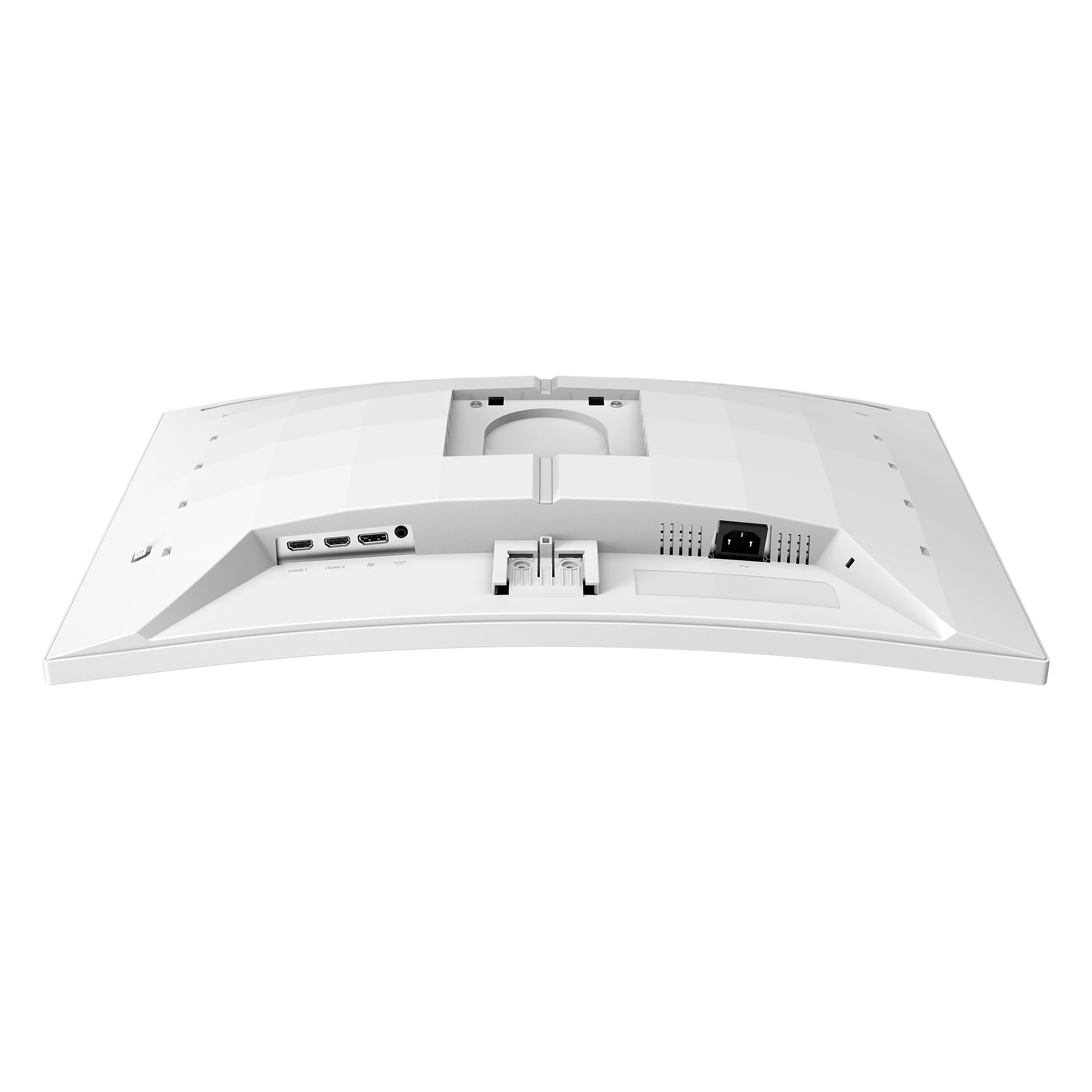 Parte trasera de un monitor de computadora blanco. Tiene puertos HDMI, una entrada de alimentación y otros puertos de conexión. La parte trasera está curvada.