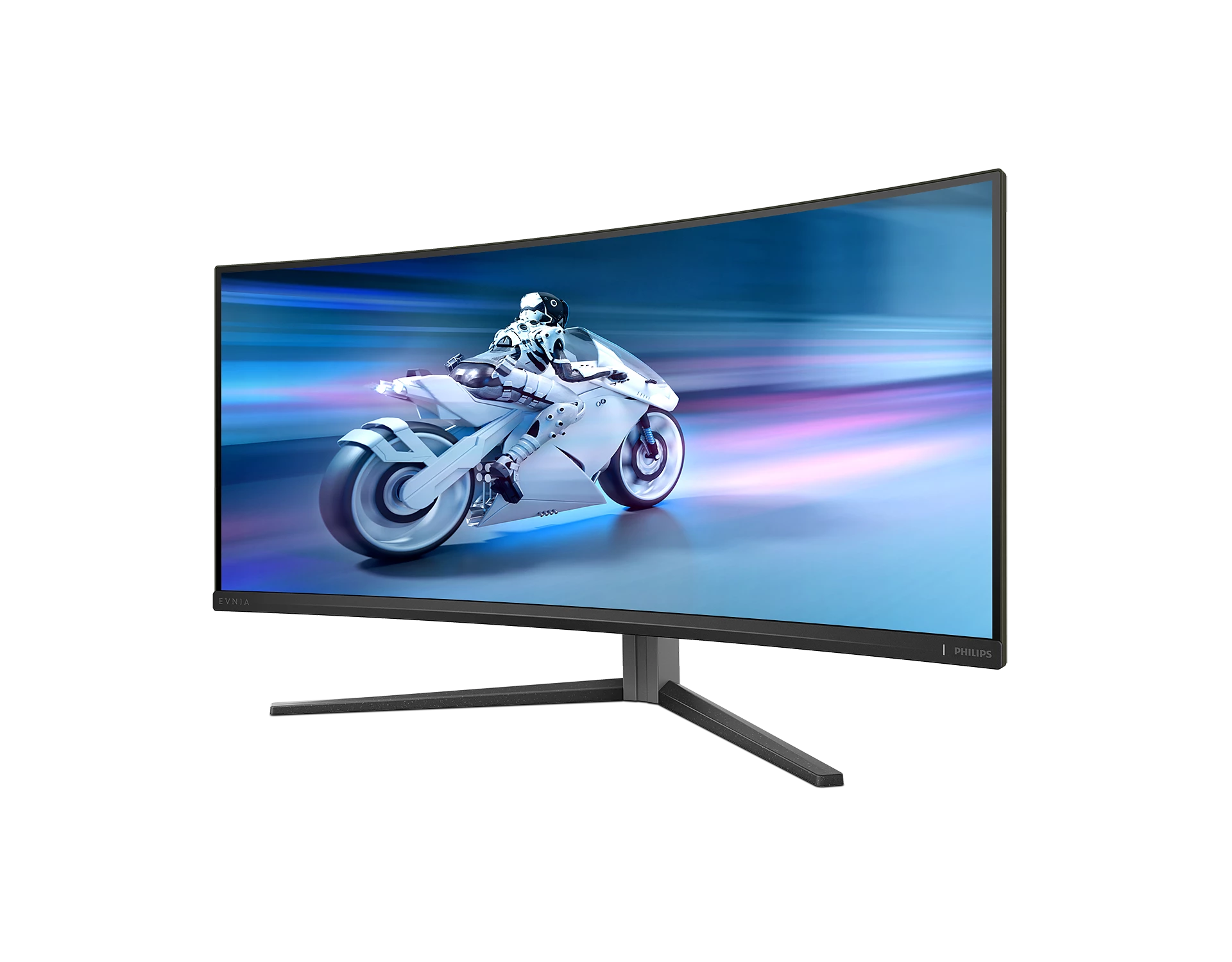 El monitor curvo Philips muestra una motocicleta futurista sobre un fondo azul. El monitor es negro y plateado, sobre un fondo blanco.