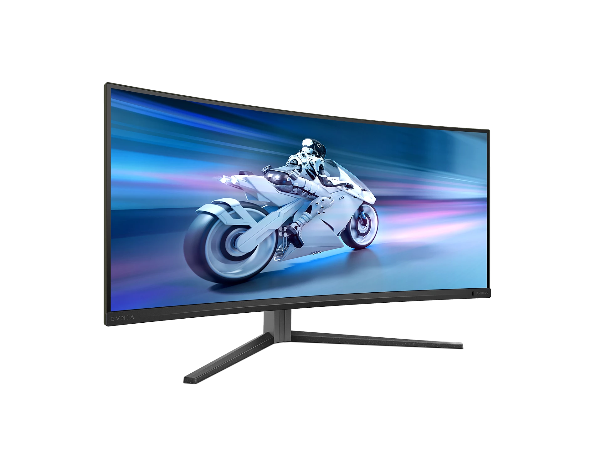 Un monitor curvo muestra una motocicleta futurista sobre un fondo azul y morado. El monitor es negro con un soporte plateado.