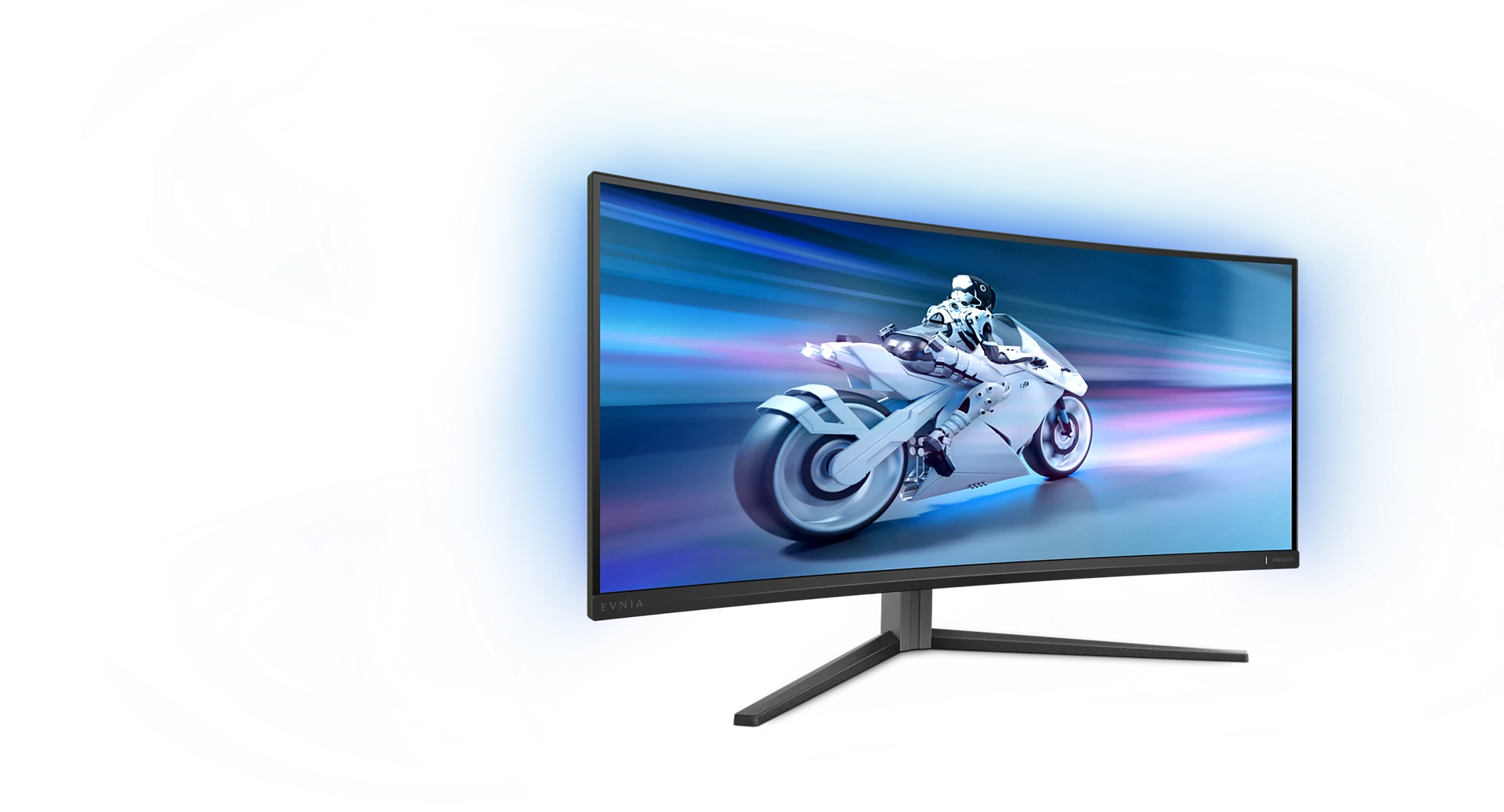 Un monitor curvo muestra una motocicleta futurista con un piloto. La escena está enmarcada por patrones abstractos arremolinados en azul y blanco.