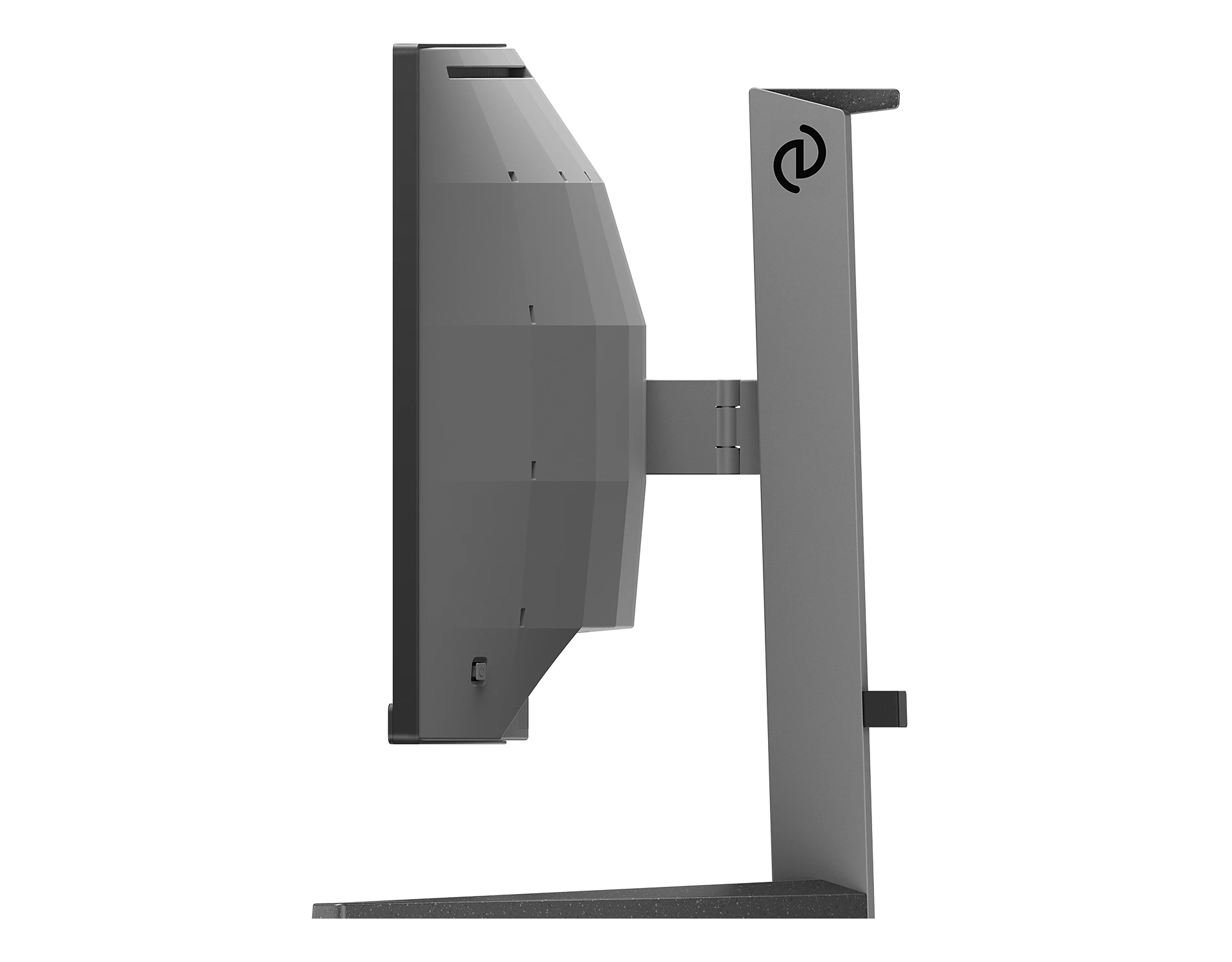 Un monitor de computadora gris sobre un soporte. El soporte tiene un logotipo negro. El monitor está conectado al soporte con una bisagra.