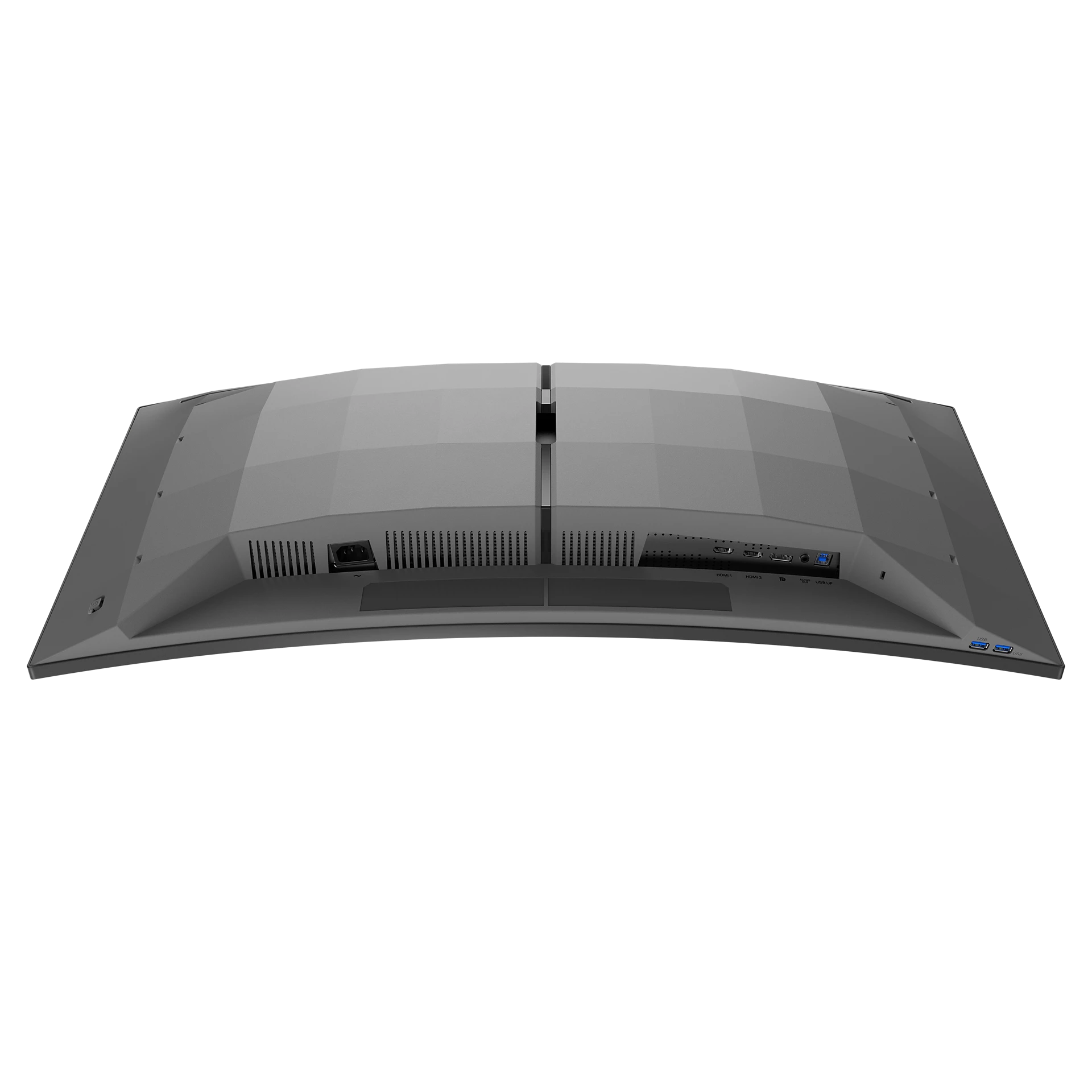 Vista trasera de un monitor gris curvo. Se ven puertos de alimentación, HDMI y USB.