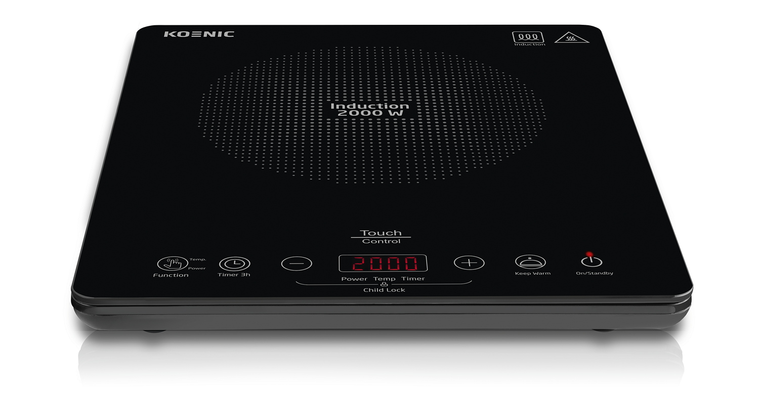 Placa de inducción negra Koenic con controles táctiles. Funciones: potencia, temporizador y bloqueo infantil. Muestra 2000W de potencia.