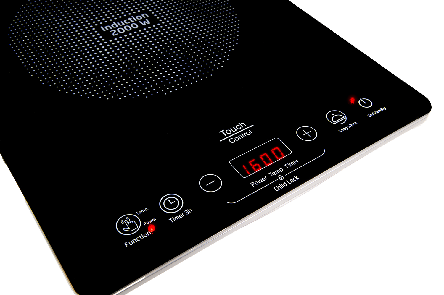 Una placa de inducción negra con pantalla digital que muestra 1600. Tiene controles táctiles e indicadores de funciones.