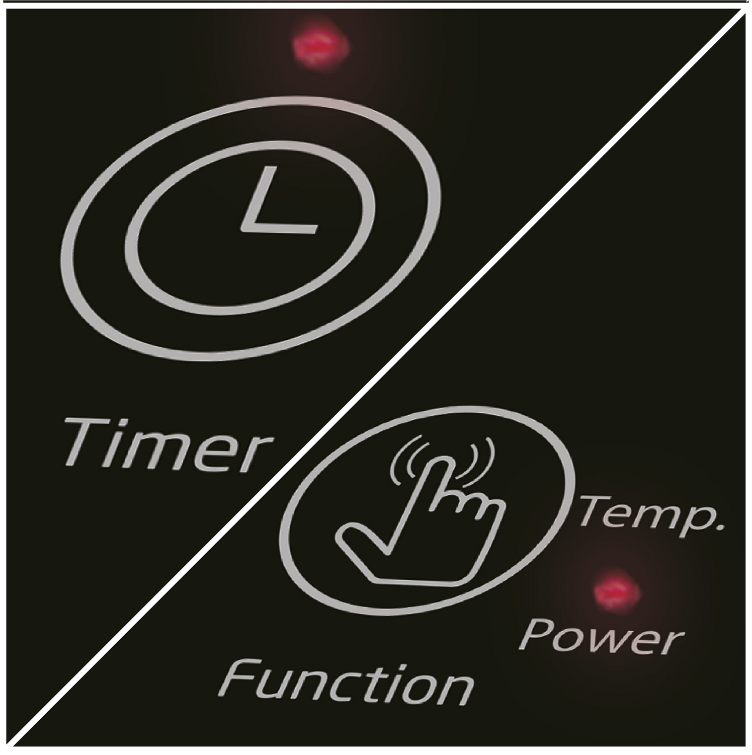 Panel negro con iconos blancos: temporizador, toque y funciones. Indicador de encendido rojo. Etiquetas de texto: Timer, Temp., Function, y Power.