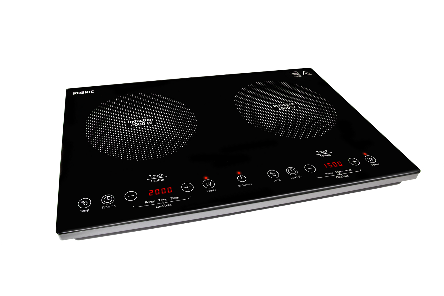 Una placa de inducción negra con dos quemadores, controles táctiles y pantallas digitales rojas. El quemador izquierdo está a 2000 W.