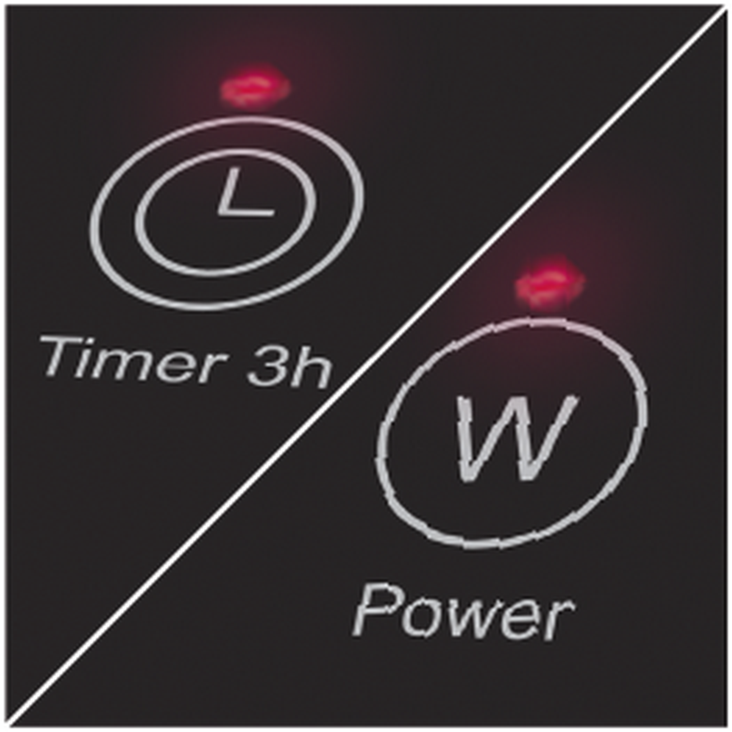 Panel negro con botones de temporizador y encendido. El botón del temporizador muestra un icono de reloj, el de encendido muestra 'W'. Luces rojas encima.