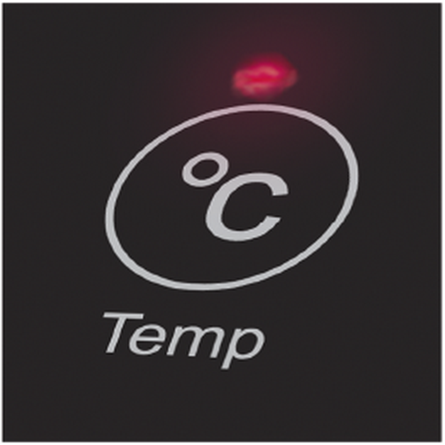 Panel negro con un círculo blanco con un símbolo °C. Debajo está la palabra 'Temp'. Una luz roja está encima del círculo.