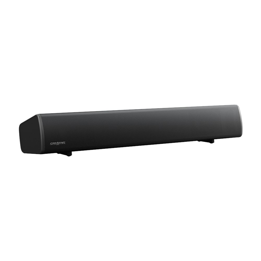 Una barra de sonido negra con el logotipo de Creative sobre un fondo blanco. Tiene forma rectangular y alargada.