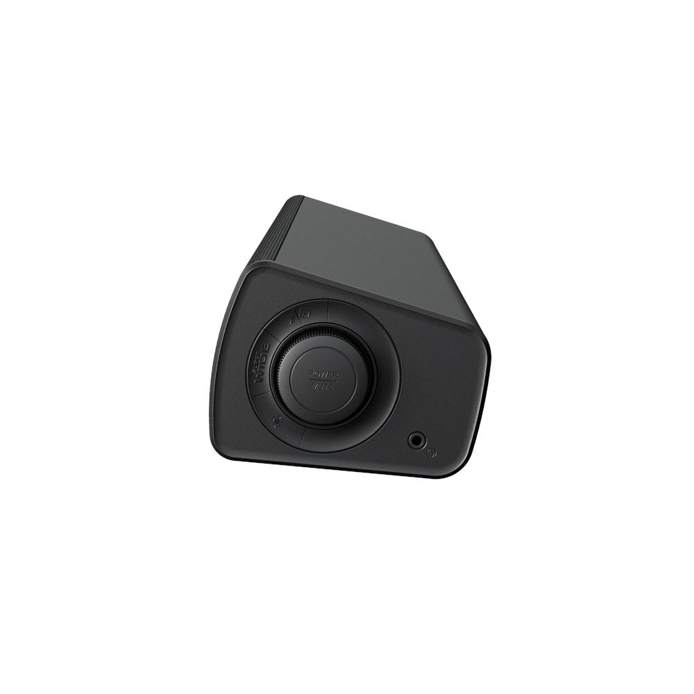 Barra de sonido negra con mando central 'Power Mute'. Tiene opciones de volumen, silencio y ajustes de sonido.
