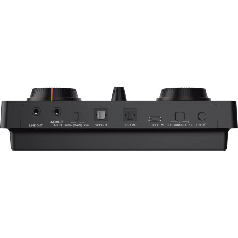 Interfaz de audio negro con perillas, puertos y etiquetas como 'Line Out', 'USB' y 'On/Off'. Presenta un diseño elegante y moderno.