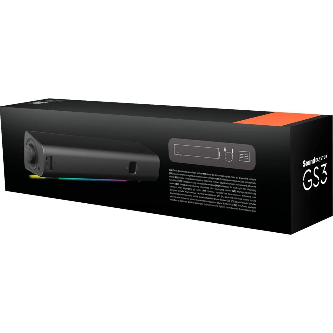 Una caja negra Sound Blaster GS3 con un altavoz y texto. La caja tiene una parte superior naranja y texto blanco.