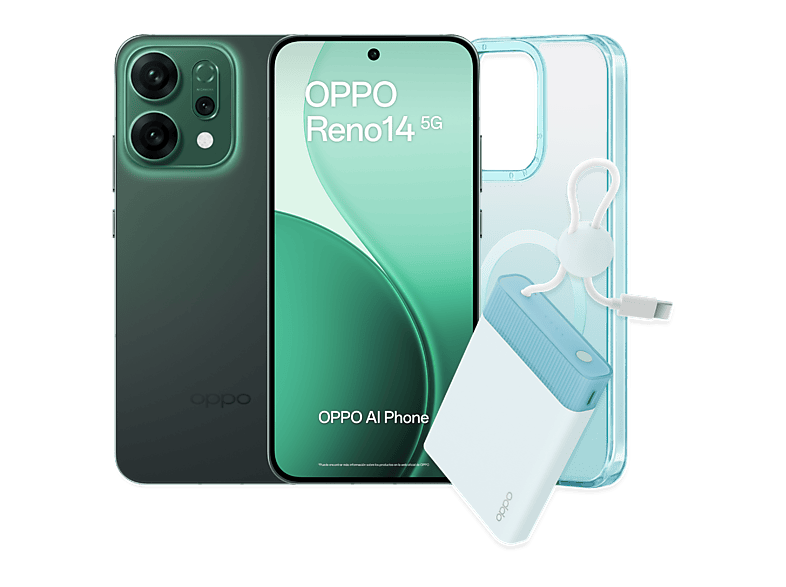 OPPO Reno14, Luminous Green, 512 GB, 12 GB RAM, 6.59  2.5D AMOLED, Mediatek Dimensity 8350 (4nm), 6000 mAh, IP69, Incluye Powerbank