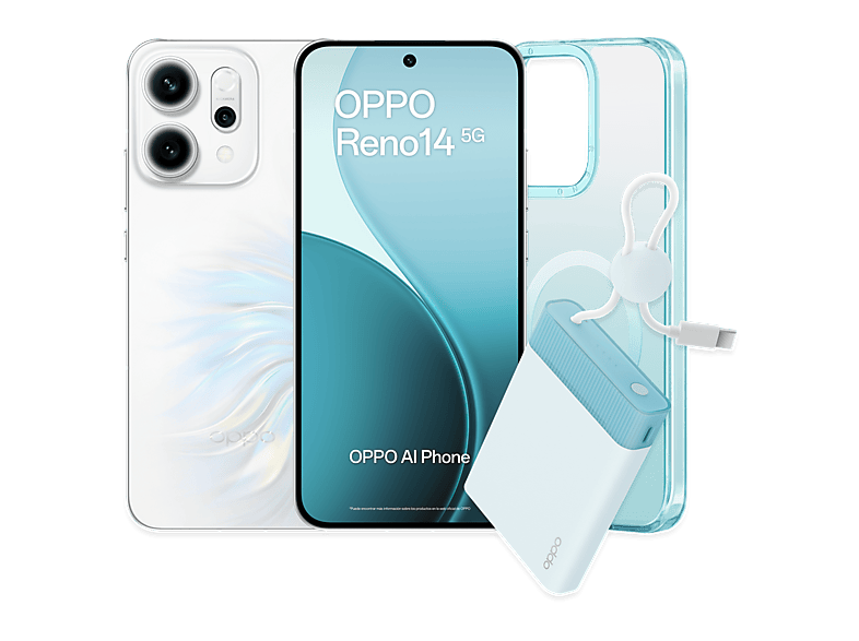 OPPO Reno14, Opal White, 512 GB, 12 GB RAM, 6.59  2.5D AMOLED, Mediatek Dimensity 8350 (4nm), 6000 mAh, IP69, Incluye Powerbank