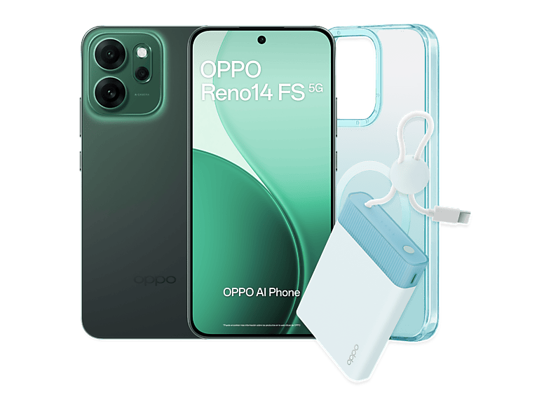 OPPO Reno14FS, Luminous Green, 512GB, 12GB RAM, 6.57 2.5D AMOLED, Snapdragon® 6 Gen 1 (4nm), 6000mAh, Incluye Powerbank
