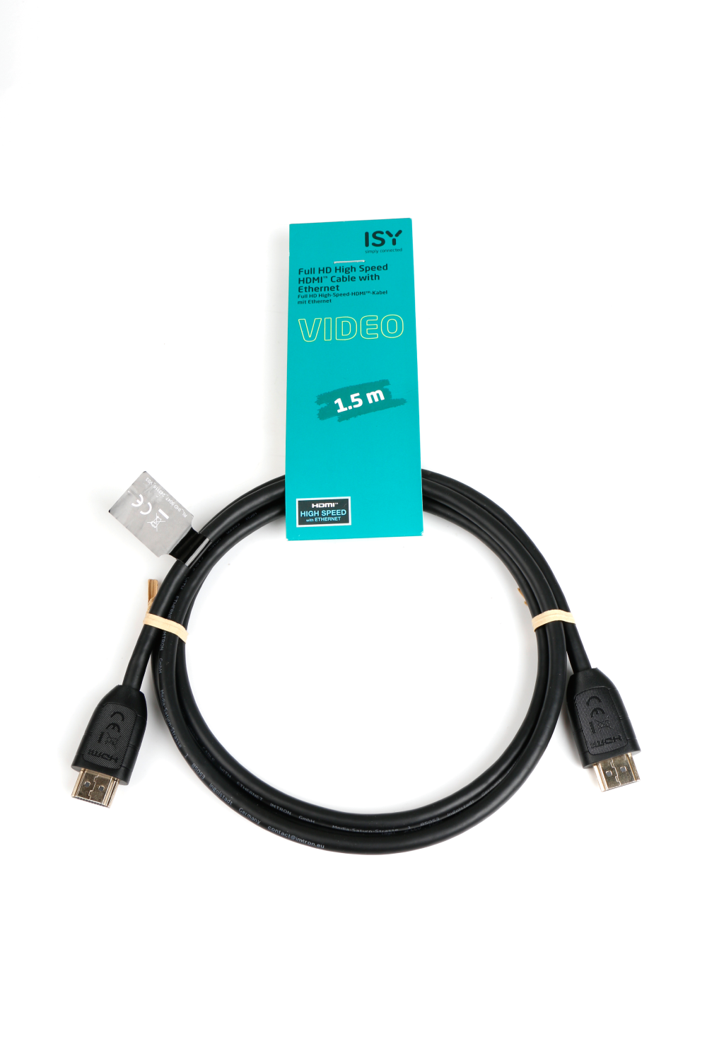 Un cable HDMI negro con conectores en ambos extremos. Tiene una etiqueta azul con el logotipo de ISY y el texto 'VIDEO 1.5 m'.