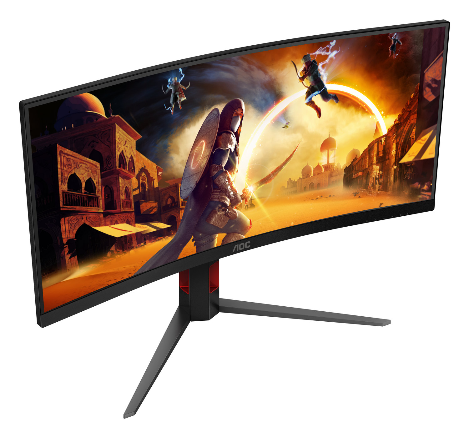 Monitor curvo que muestra una escena de batalla de fantasía con figuras, estructuras y un paisaje desértico. El monitor tiene un marco negro y un soporte gris.