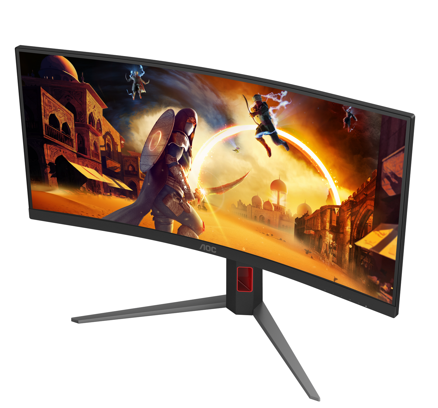 Monitor curvo muestra escena de juego: guerrero con escudo, arquero, edificios desérticos y arco dorado. Logotipo de AOC visible.